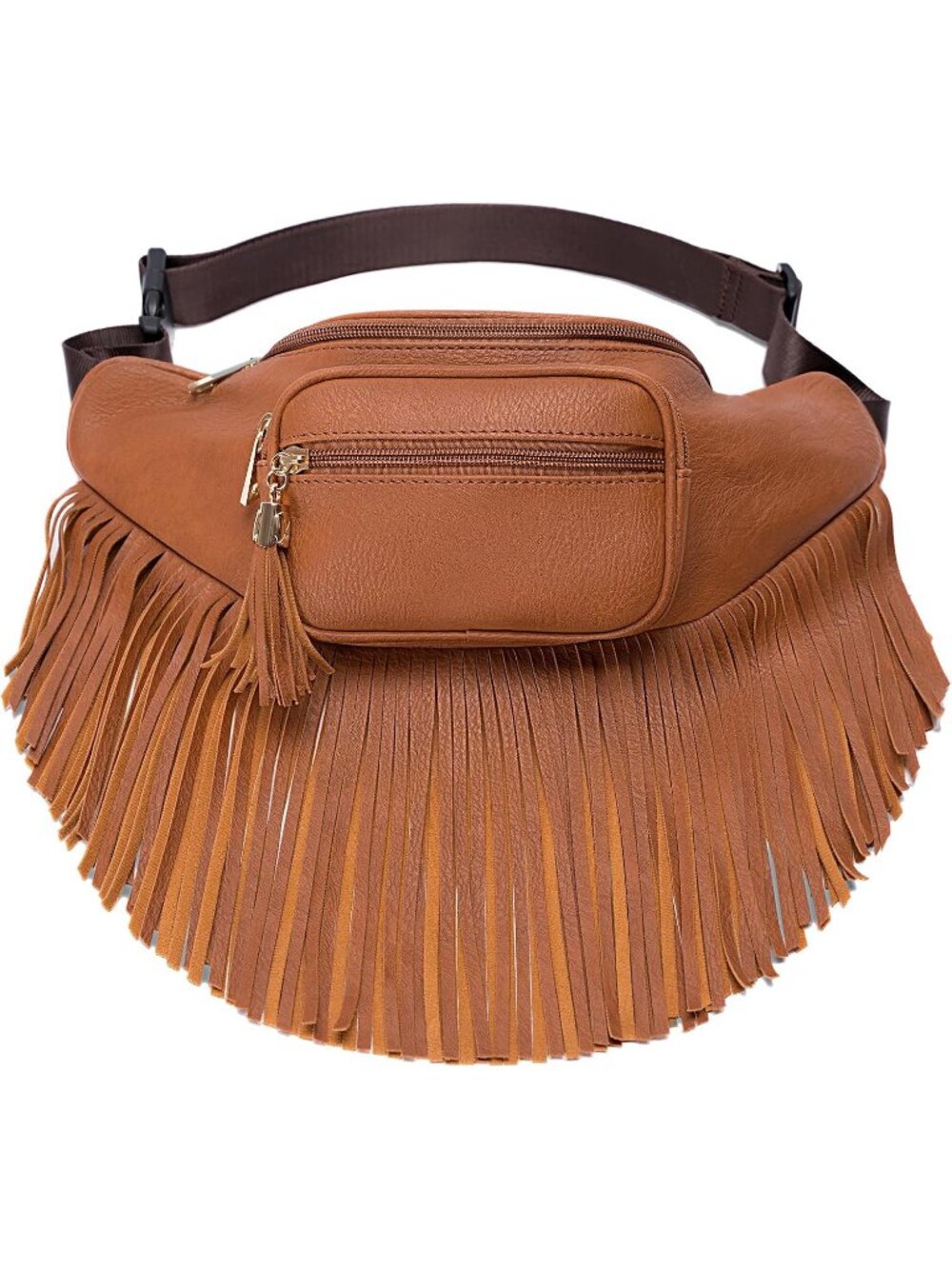 Women's Tan Fringe Waist With Multi Zipper Pockets Fanny Pack Travel Bags